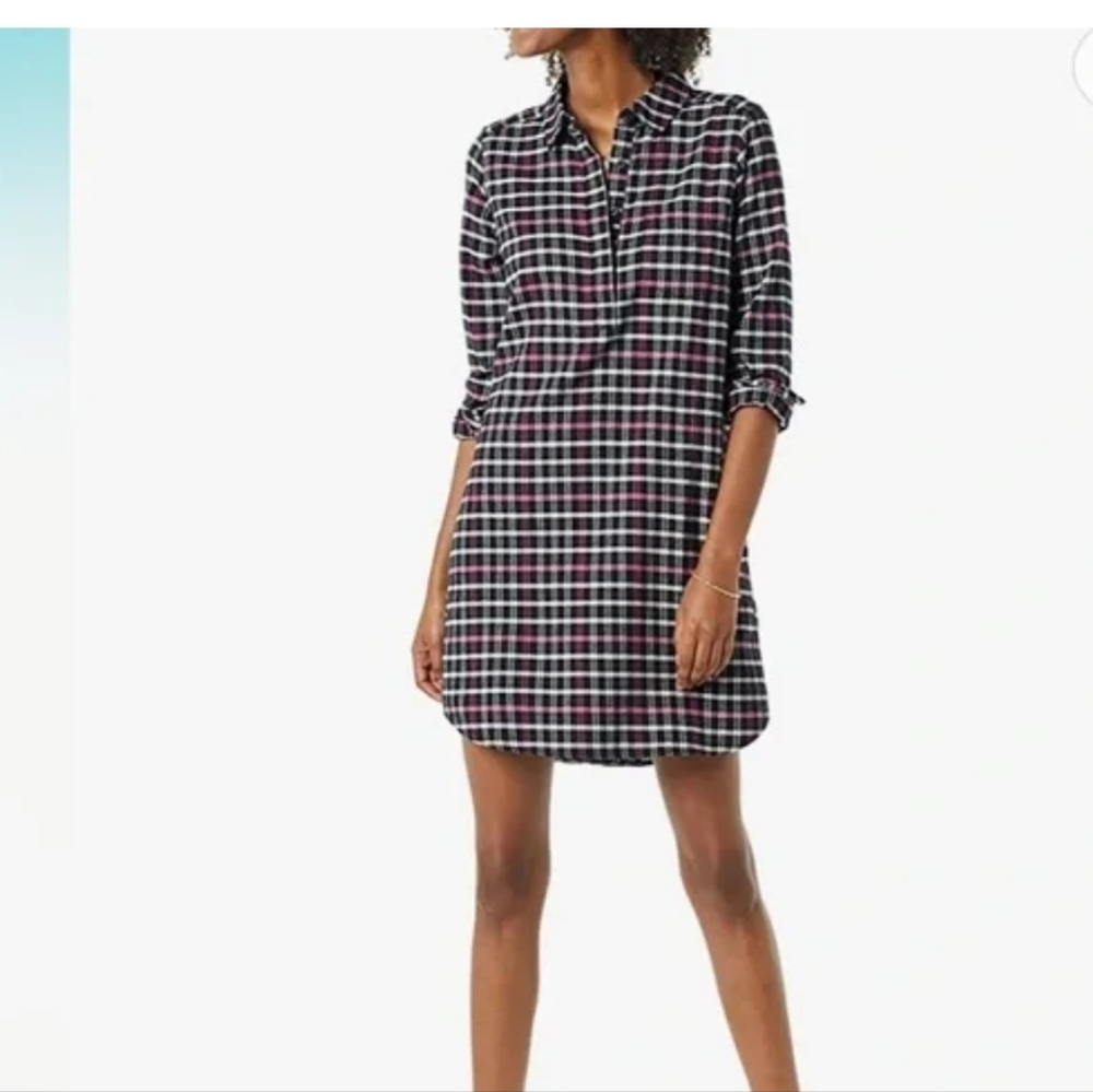 Goodthreads Flannel Shirt Dress Women's Size Medium Black Pink White Plaid